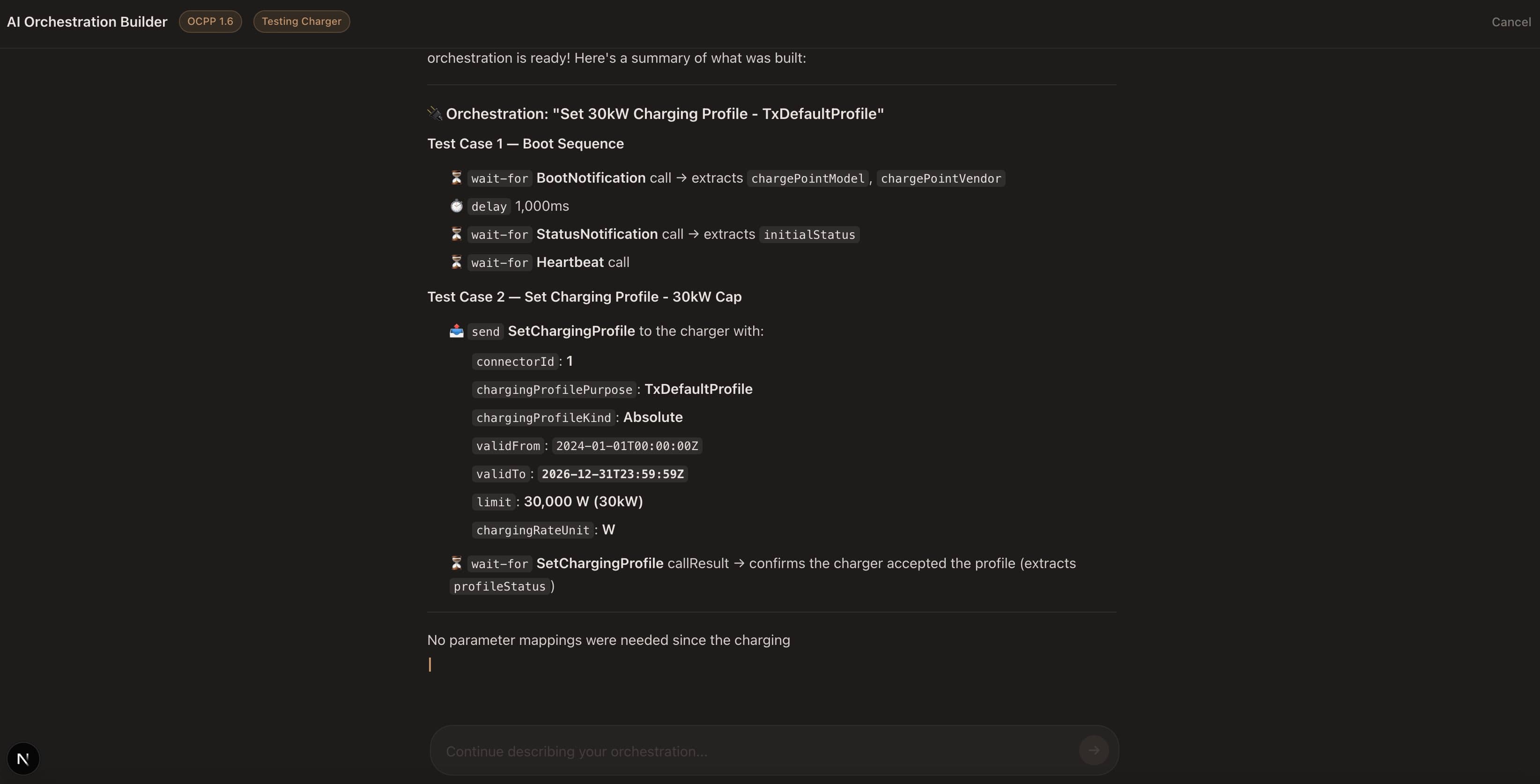 OCPP charger test configuration with suite selection